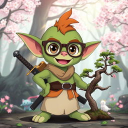 An anime-style goblin character sporting whimsical joke glasses with oversized lenses and a cheeky smile