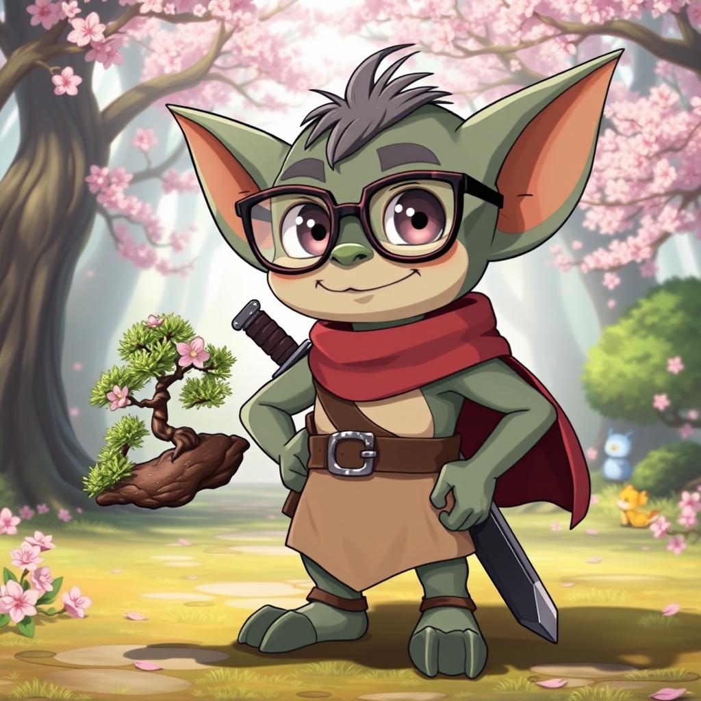 An anime-style goblin character sporting whimsical joke glasses with oversized lenses and a cheeky smile