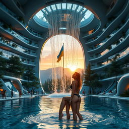 A super realistic, futuristic bionic building with a winding, irregular shape and modern design