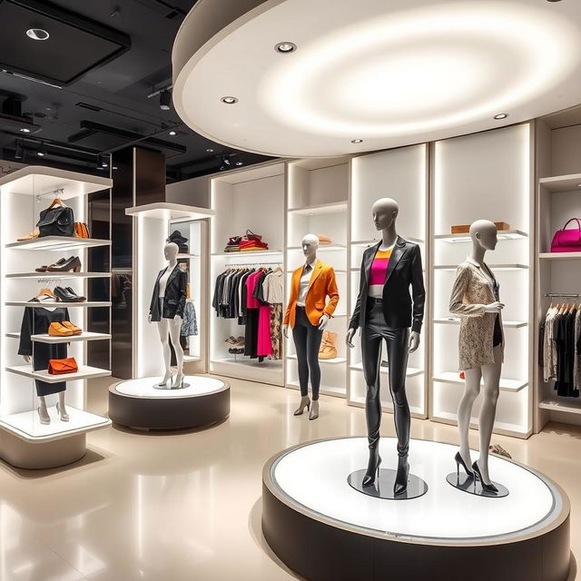 Stylish and modern dynamic displays for a clothing store, featuring sleek shelves and mannequins showcasing fashionable outfits