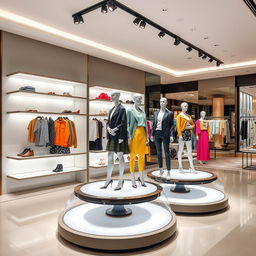 Stylish and modern dynamic displays for a clothing store, featuring sleek shelves and mannequins showcasing fashionable outfits