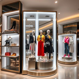 Stylish and modern dynamic displays for a clothing store, featuring sleek shelves and mannequins showcasing fashionable outfits