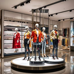 Stylish and modern dynamic displays for a clothing store, featuring sleek shelves and mannequins showcasing fashionable outfits