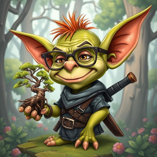 A caricature-style goblin character with oversized joke glasses adding a humorous touch