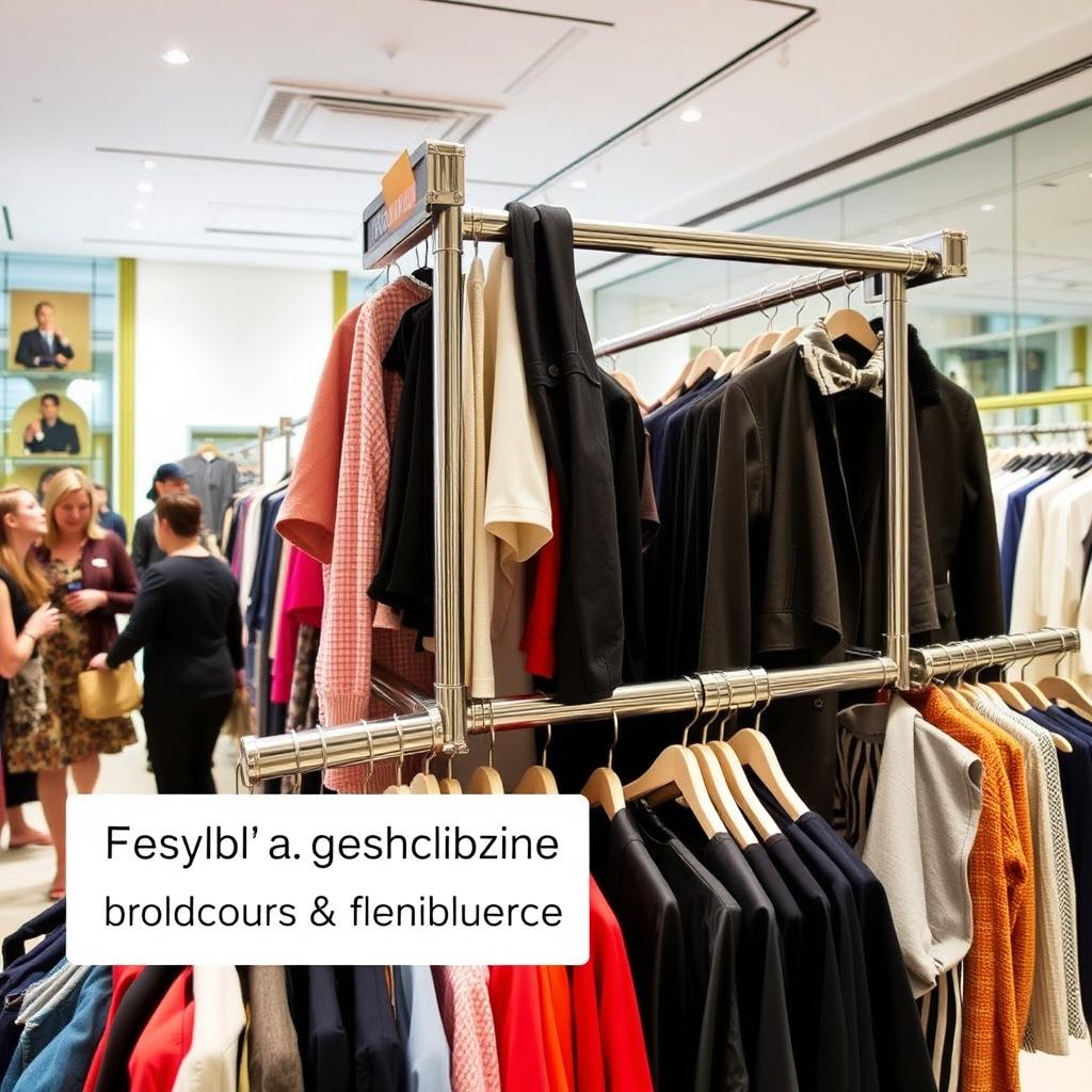 Dynamic clothing racks in a retail store environment, showcasing a variety of stylish clothing on display