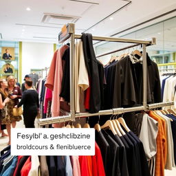 Dynamic clothing racks in a retail store environment, showcasing a variety of stylish clothing on display