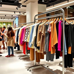 Dynamic clothing racks in a retail store environment, showcasing a variety of stylish clothing on display