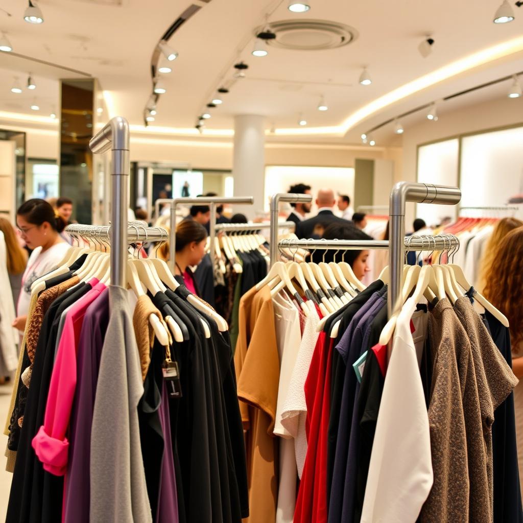 Dynamic clothing racks in a retail store environment, showcasing a variety of stylish clothing on display