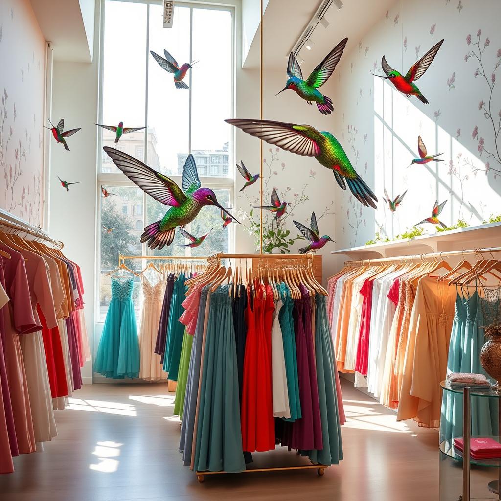 A vibrant and stylish clothing store interior inspired by the lightness and movement of hummingbirds