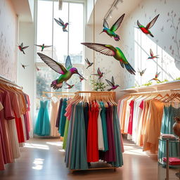 A vibrant and stylish clothing store interior inspired by the lightness and movement of hummingbirds