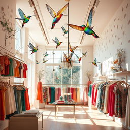 A vibrant and stylish clothing store interior inspired by the lightness and movement of hummingbirds