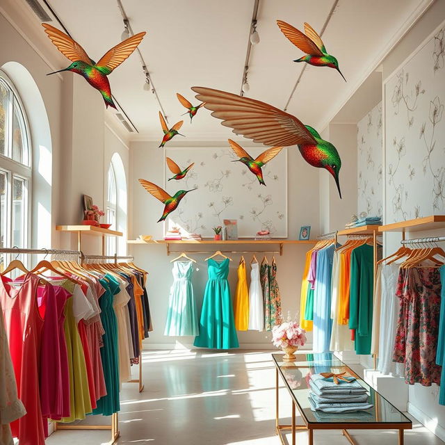 A vibrant and stylish clothing store interior inspired by the lightness and movement of hummingbirds