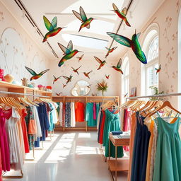 A vibrant and stylish clothing store interior inspired by the lightness and movement of hummingbirds