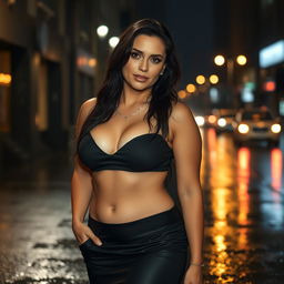 A sensual and confident mature woman, with a curvy figure, standing in a rain-soaked urban setting