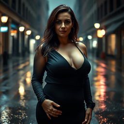 A sensual and confident mature woman, with a curvy figure, standing in a rain-soaked urban setting