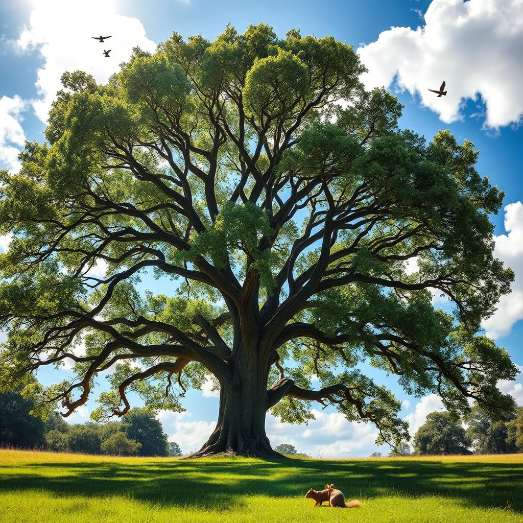 A majestic oak tree standing tall in a lush green meadow, its branches stretching wide and leaves rustling in a gentle breeze