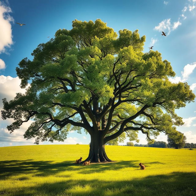 A majestic oak tree standing tall in a lush green meadow, its branches stretching wide and leaves rustling in a gentle breeze