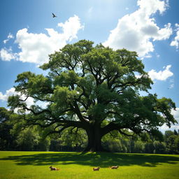 A majestic oak tree standing tall in a lush green meadow, its branches stretching wide and leaves rustling in a gentle breeze