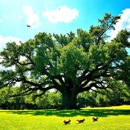 A majestic oak tree standing tall in a lush green meadow, its branches stretching wide and leaves rustling in a gentle breeze