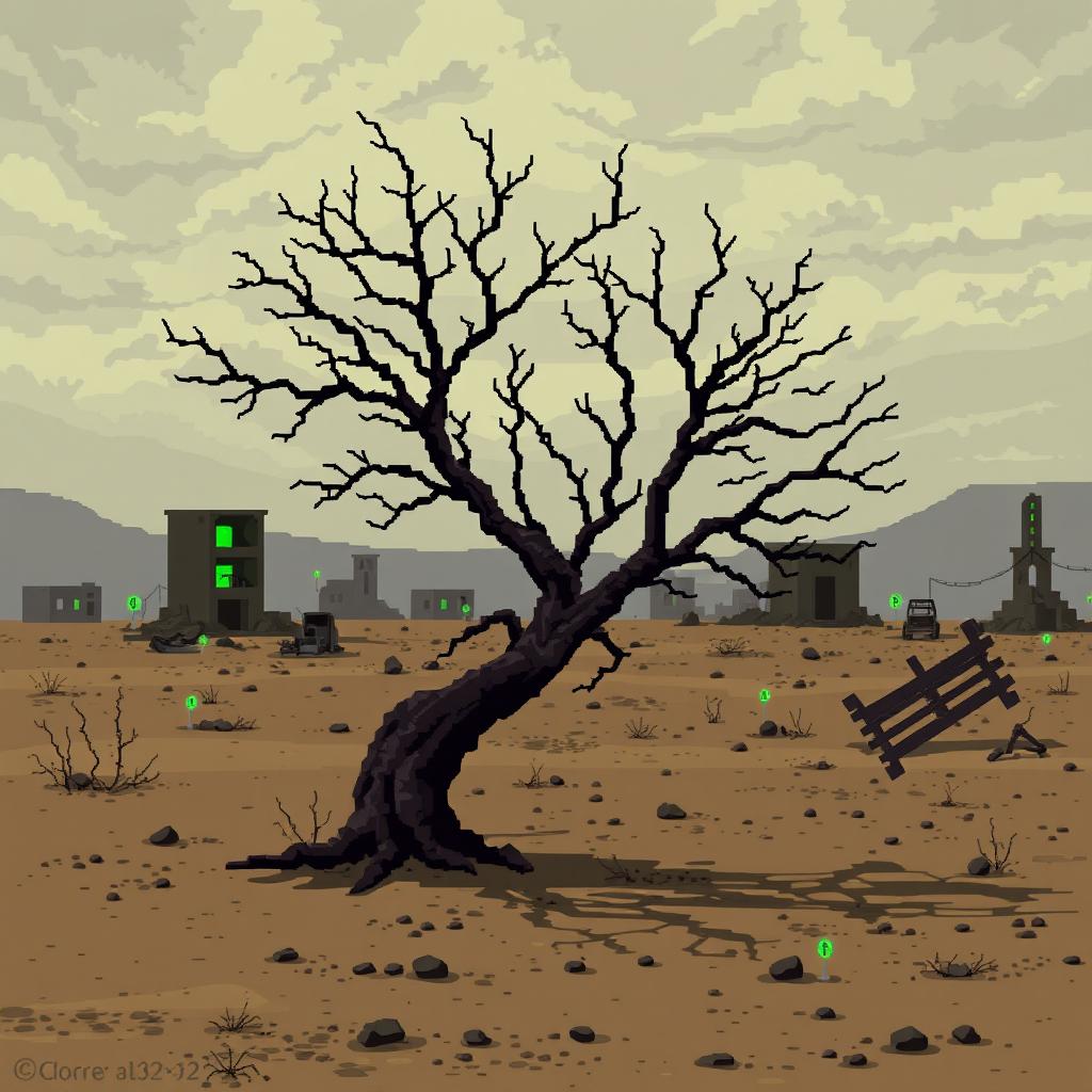 A pixel art depiction of a post-apocalyptic landscape in the Fallout universe with a 32x32 resolution