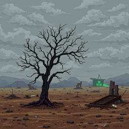 A pixel art depiction of a post-apocalyptic landscape in the Fallout universe with a 32x32 resolution