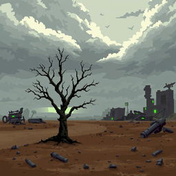 A pixel art depiction of a post-apocalyptic landscape in the Fallout universe with a 32x32 resolution