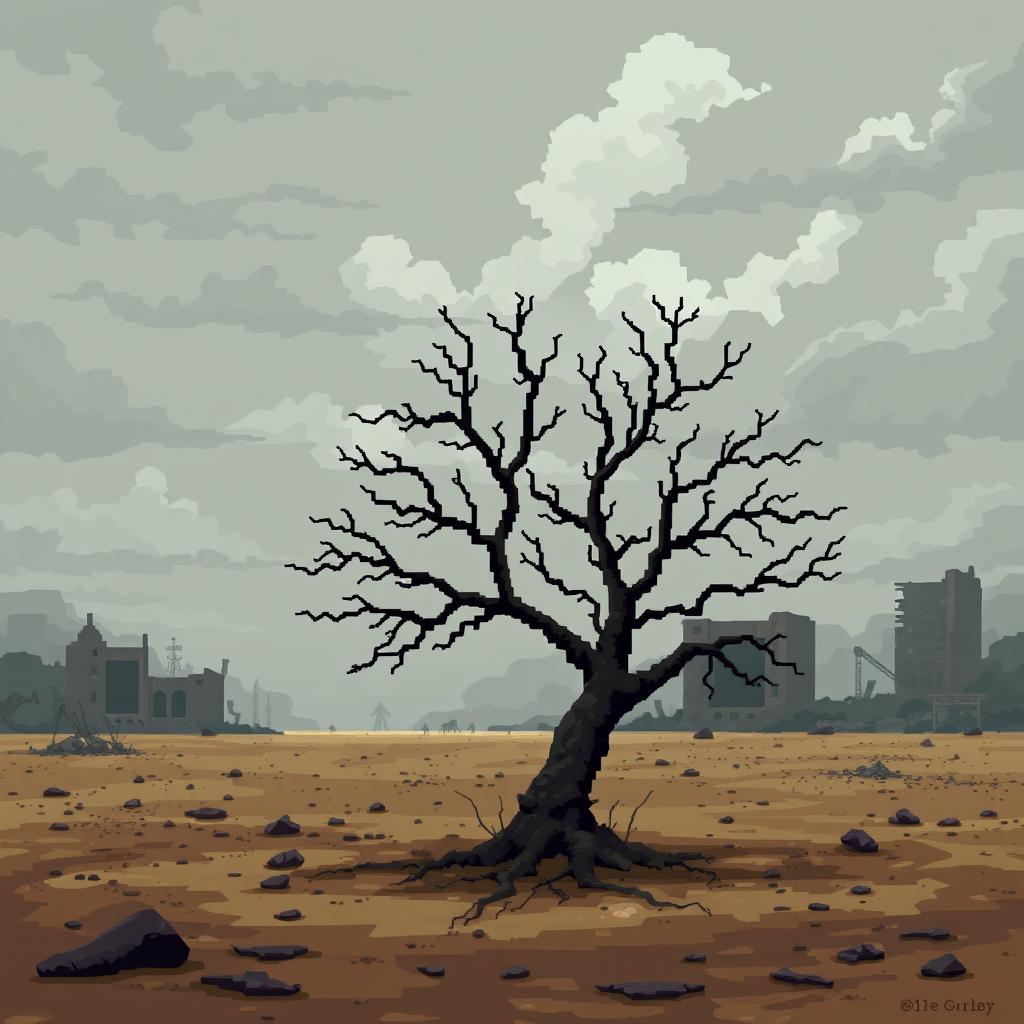 A pixel art depiction of a post-apocalyptic landscape in the Fallout universe with a 32x32 resolution