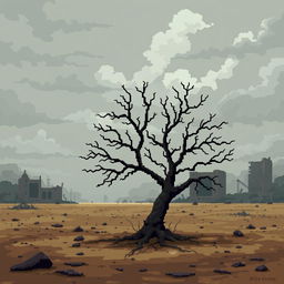 A pixel art depiction of a post-apocalyptic landscape in the Fallout universe with a 32x32 resolution