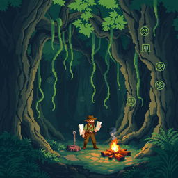 A pixel art depiction of an adventurous scene in a 32x32 resolution