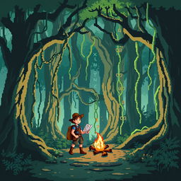 A pixel art depiction of an adventurous scene in a 32x32 resolution