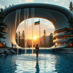 We stand in the center of a waterfall, looking up as it cascades onto us and a slim, wet woman in a contrasting swimsuit nearby, who stands relaxed, smiling at the sunset