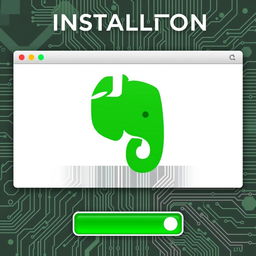 A creative and visually engaging thumbnail representing the installation process of Evernote, featuring the iconic green elephant logo prominently