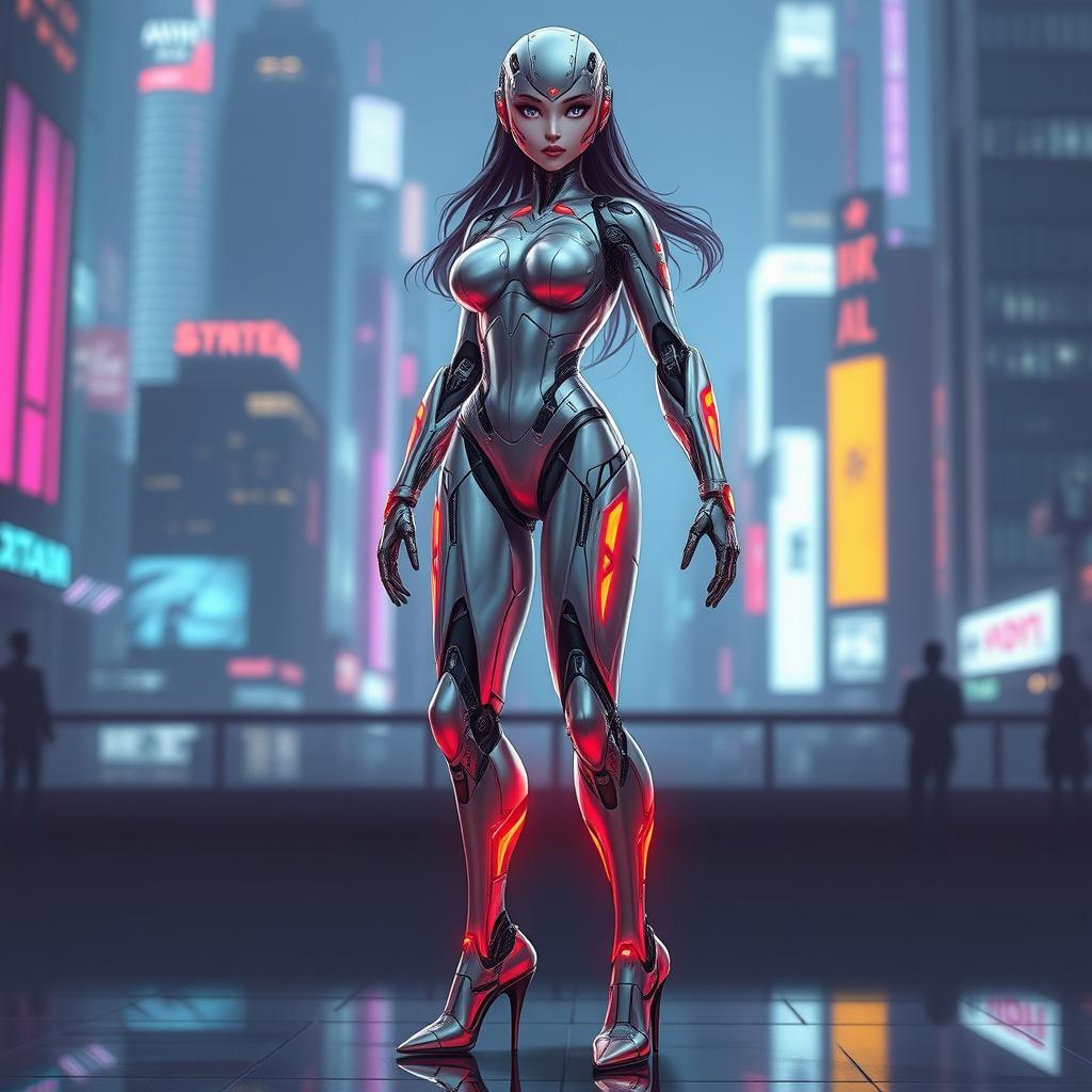 A very sexy femrobot design inspired by futuristic cybernetic elements, featuring sleek metallic curves, gleaming with a soft glow