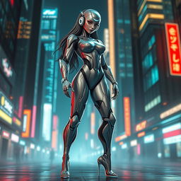 A very sexy femrobot design inspired by futuristic cybernetic elements, featuring sleek metallic curves, gleaming with a soft glow