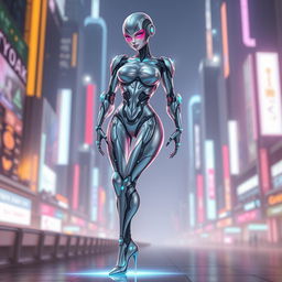 A very sexy femrobot design inspired by futuristic cybernetic elements, featuring sleek metallic curves, gleaming with a soft glow