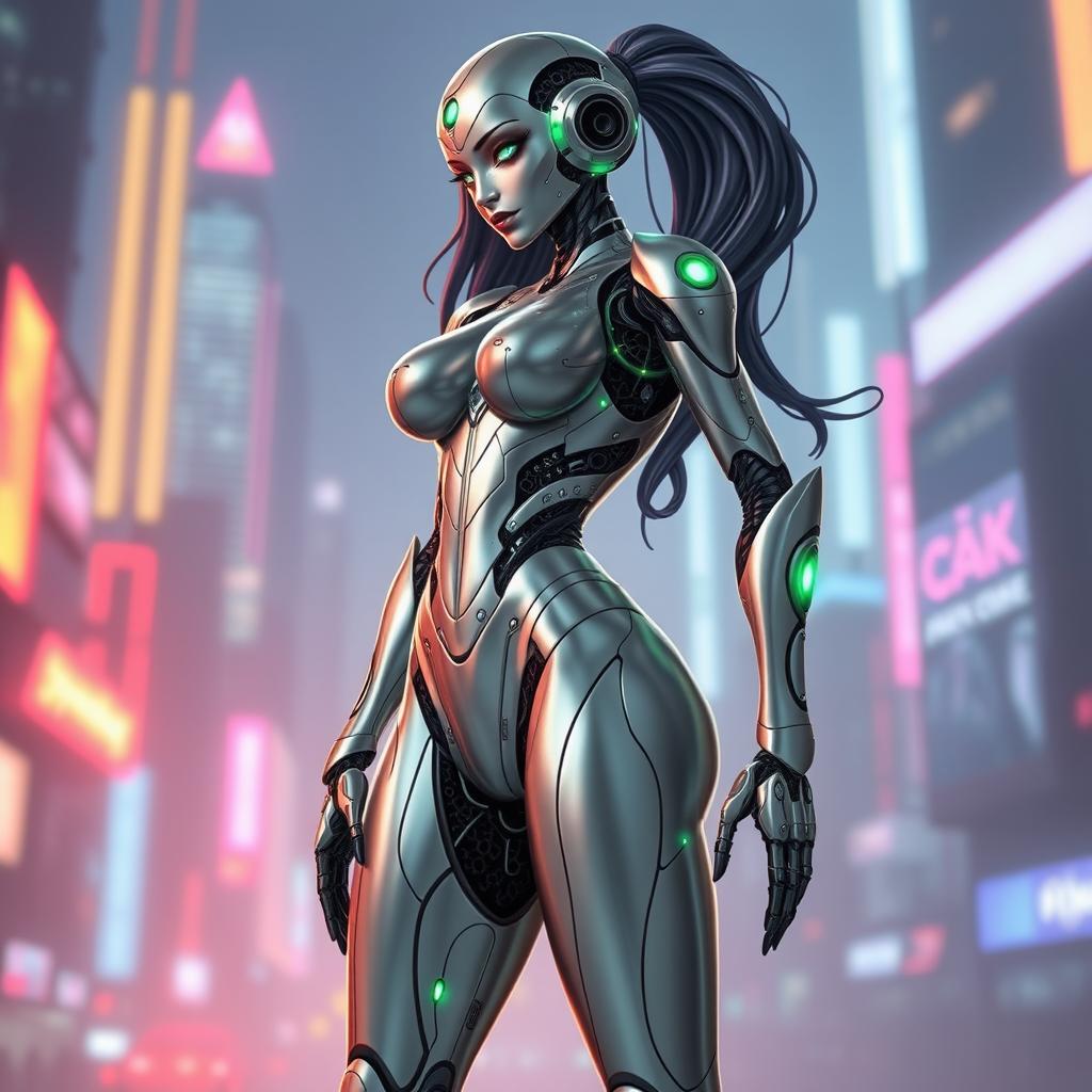 A very sexy femrobot design inspired by futuristic cybernetic elements, featuring sleek metallic curves, gleaming with a soft glow