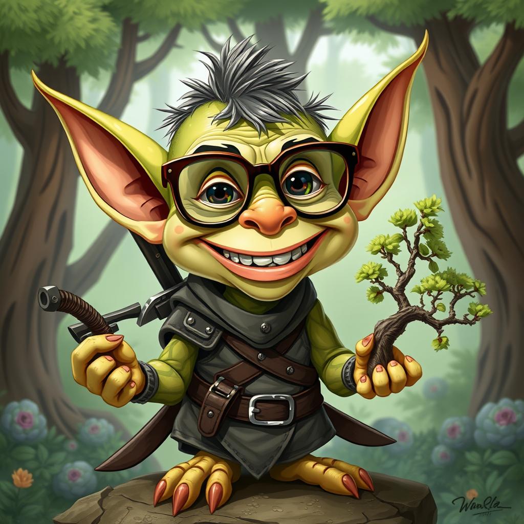 A caricature-style goblin character with oversized joke glasses adding a humorous touch