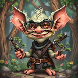 A caricature-style goblin character with oversized joke glasses adding a humorous touch