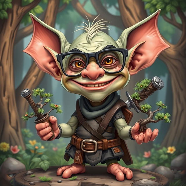 A caricature-style goblin character with oversized joke glasses adding a humorous touch