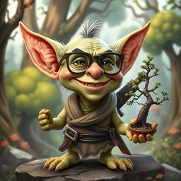 A caricature-style goblin character with oversized joke glasses adding a humorous touch