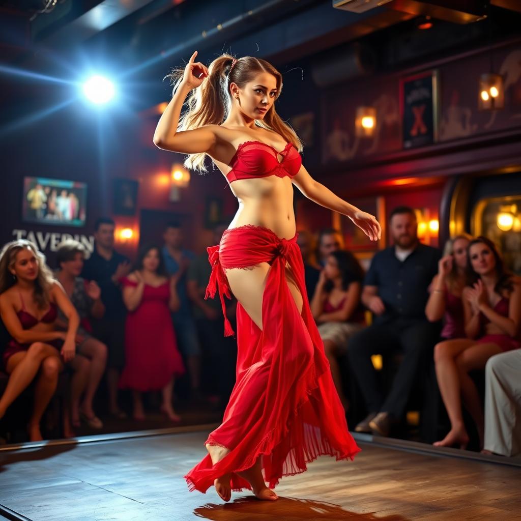 A stunning belly dancer performing under the spotlight on a stage in a crowded tavern