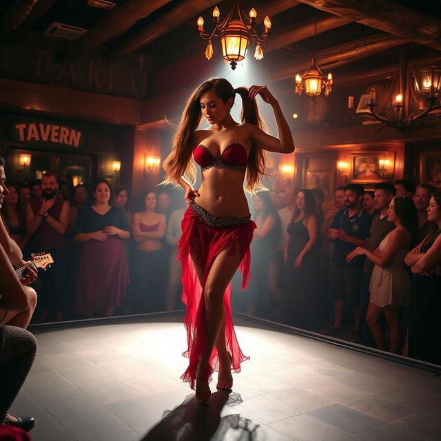 A stunning belly dancer performing under the spotlight on a stage in a crowded tavern