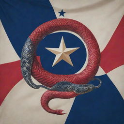 A creatively designed Texas state flag with a majestic serpent incorporated into its design. The snake adds a dynamic and bold touch to the flag's traditional red, white, and blue.