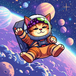 A pixel art scene of an astronaut cat floating in space