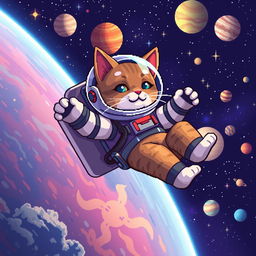 A pixel art scene of an astronaut cat floating in space