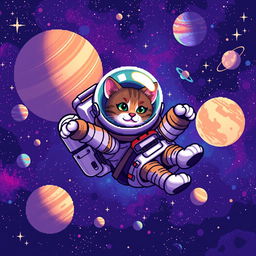 A pixel art scene of an astronaut cat floating in space