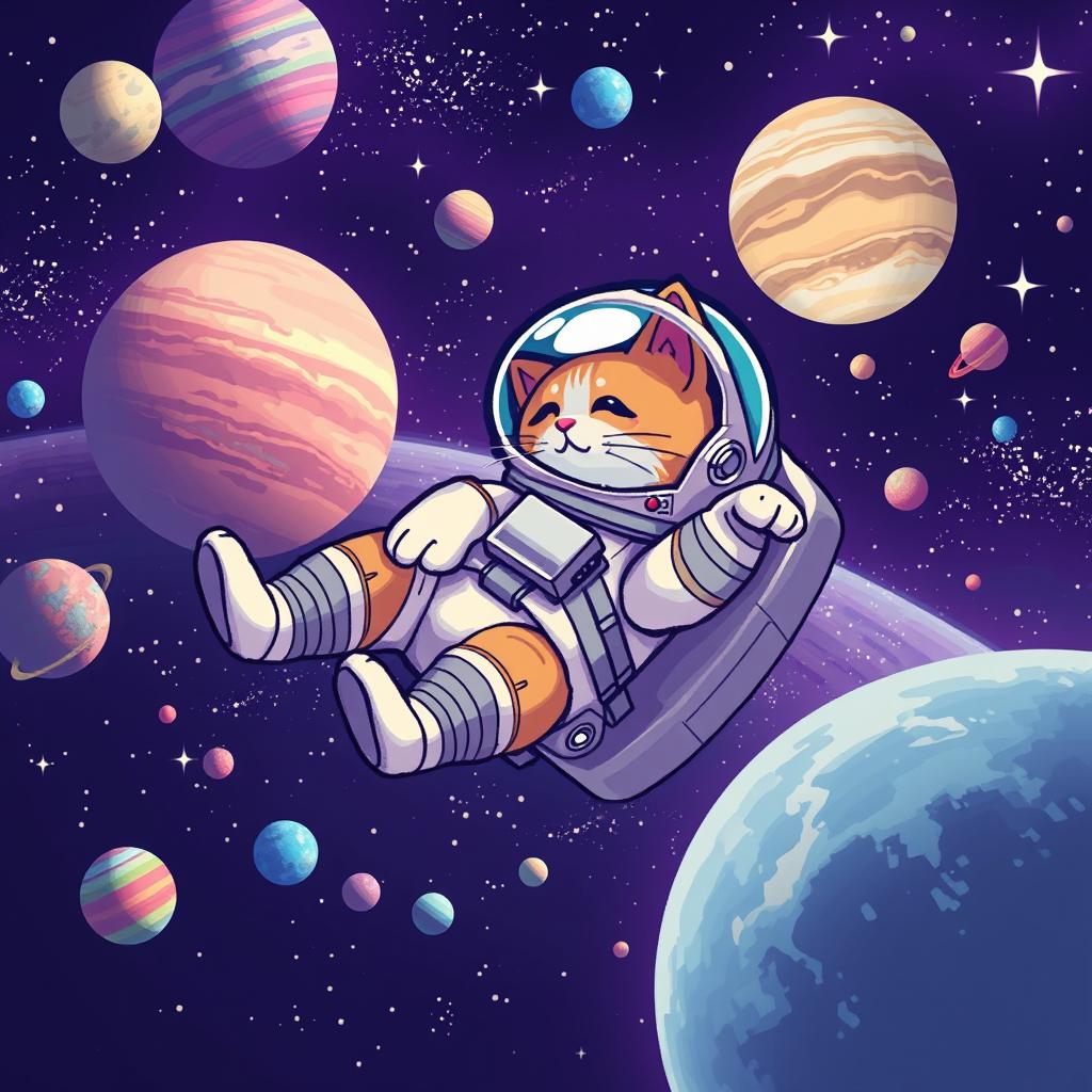 A pixel art scene of an astronaut cat floating in space