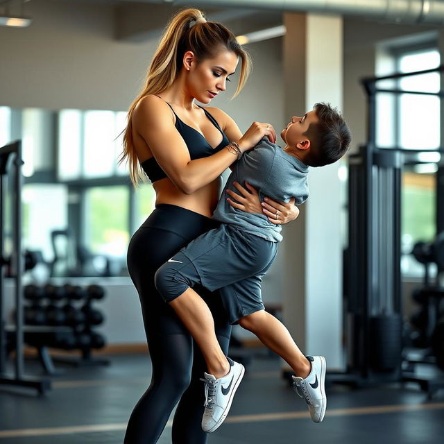 A tall, athletic and sexy gym woman with an impressive physique, wearing stylish gym attire, confidently holds a smaller, fit young man