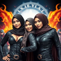 Malaysian women wearing hijabs portrayed as sexy superheroes, with elegant hijabs complementing tight black clothes crafted from soft, luxurious leather