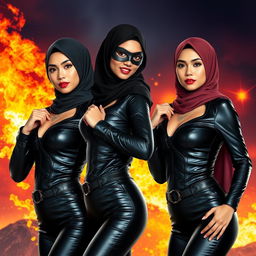 Malaysian women wearing hijabs portrayed as sexy superheroes, with elegant hijabs complementing tight black clothes crafted from soft, luxurious leather